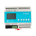 Easeic E-Lighting DALI bus management module with turquoise faceplate, LCD display, and five control buttons mounted on DIN r