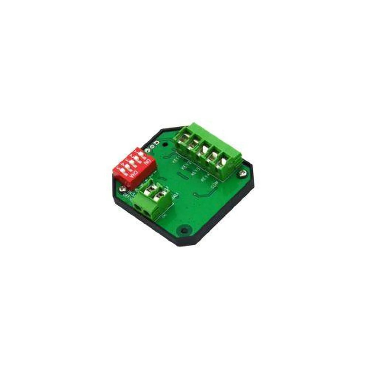Green circuit board with black base and red DIP switch module, mounted terminals visible, product shown isolated on white bac