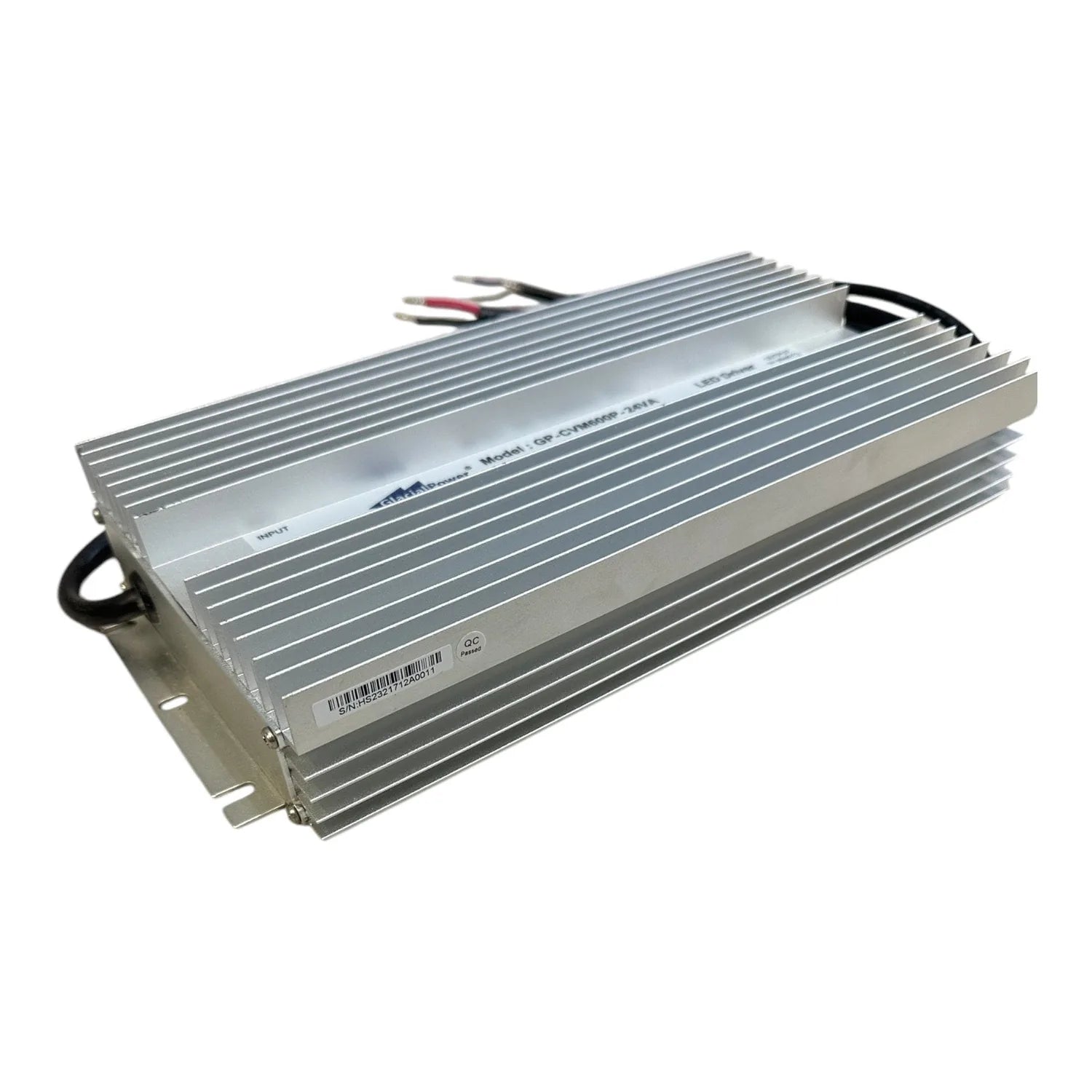 Glacial Power 600W LED power supply with aluminum heatsink fins and black input/output wiring connectors, shown at angle agai