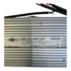 Glacial Power GP-CVM600P-24VA LED driver specification label showing 600W output, 24Vdc 25A rating, and input specifications.