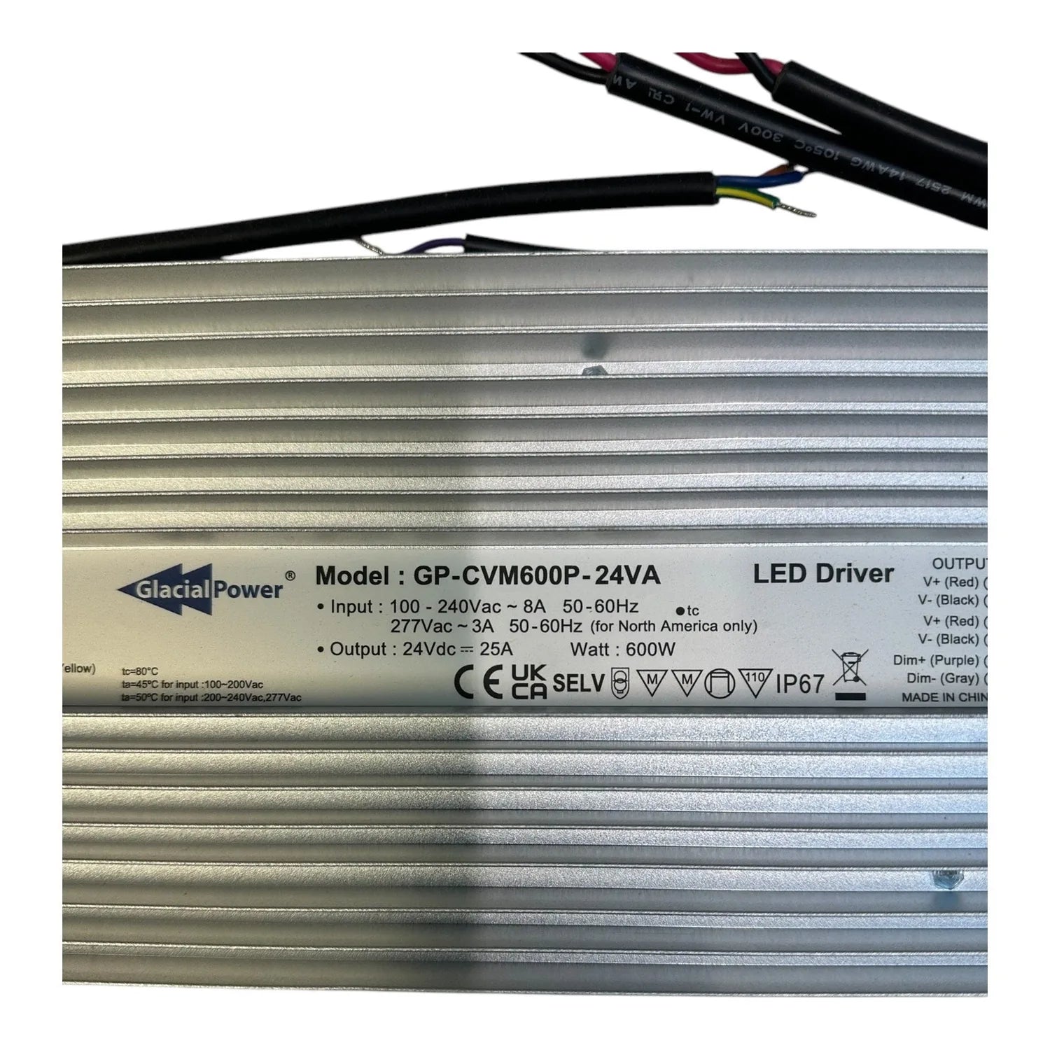 Glacial Power GP-CVM600P-24VA LED driver specification label showing 600W output, 24Vdc 25A rating, and input specifications.