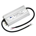 White rectangular LED driver with aluminum heatsink fins, black power cable with exposed colored wires, mounted on white back