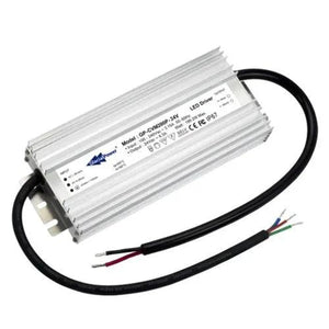 White rectangular LED driver with aluminum heatsink fins, black power cable with exposed colored wires, mounted on white back