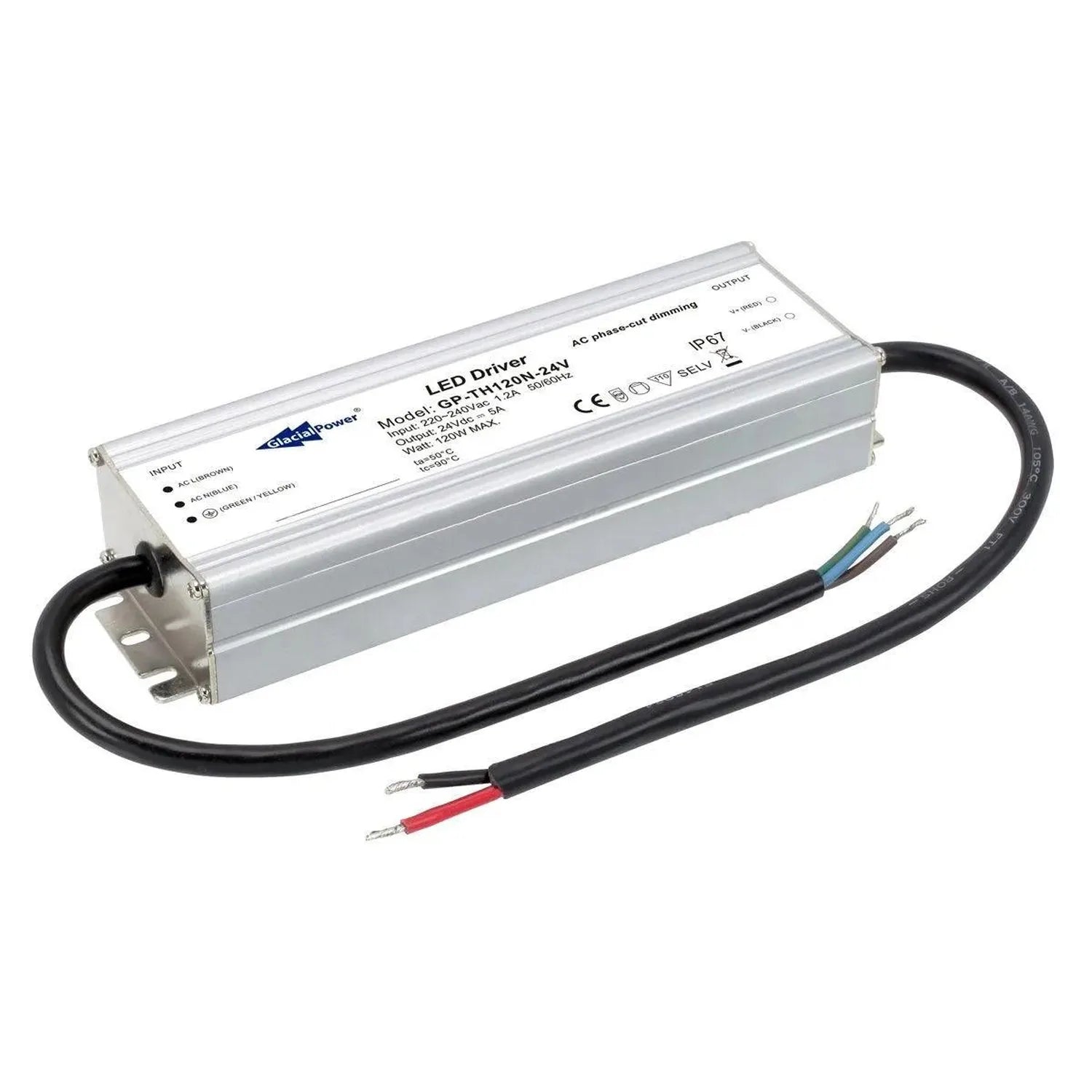 Glacial Power GP-TH120N-24V LED driver, silver aluminum housing with black power cables and red/black wires, mounted on white