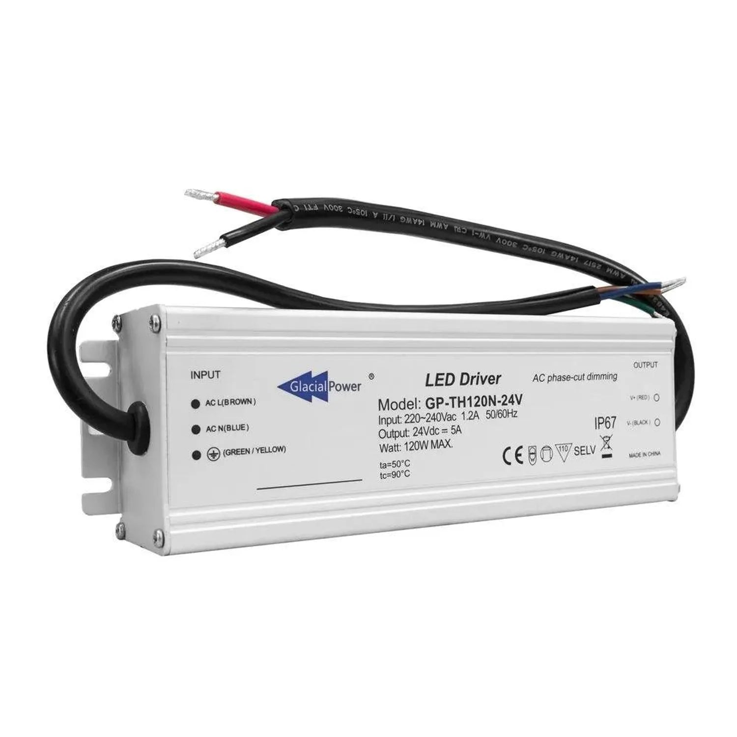 Glacial Power LED Driver model GP-TH120N-24V with input and output wires, showing specifications for 220-240Vac input and 24V