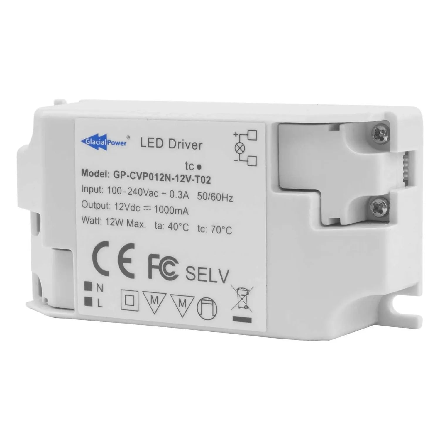 Glacial Power 12V LED driver with screw terminals, labeled specifications visible on white plastic housing.