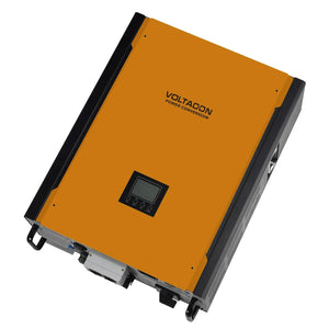 Voltagon 15kW hybrid solar inverter with orange front panel, black sides, digital display screen, and connection terminals vi