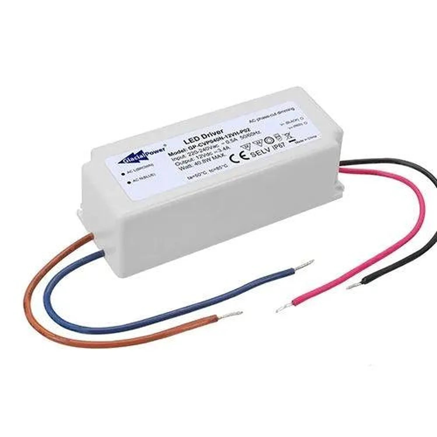 White LED driver with label, four colored output wires extending from bottom left and right sides.