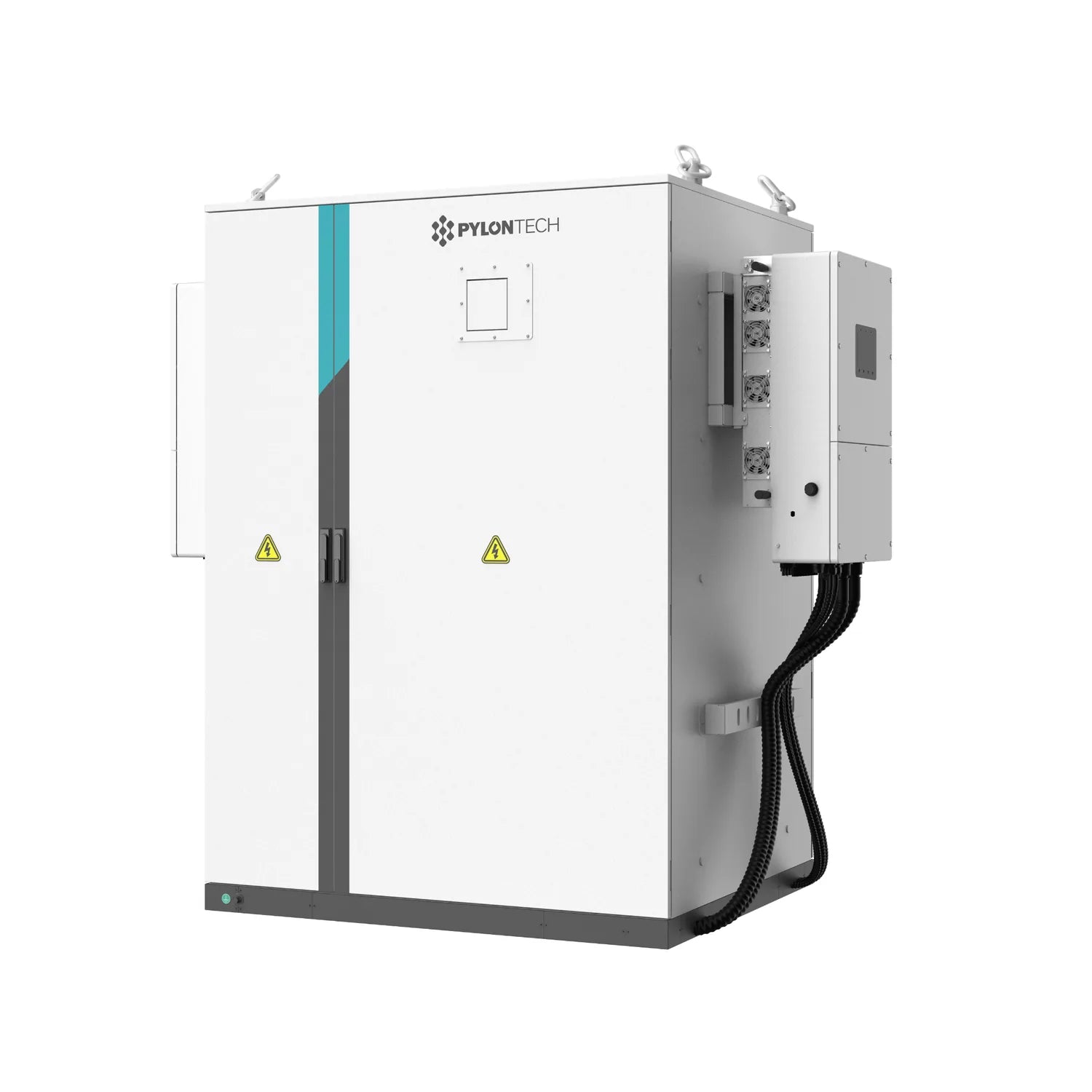 Pylontech commercial battery energy storage system, white cabinet with teal accent stripe and internal components visible on 