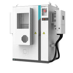 Pylontech commercial hybrid battery storage unit with white exterior, cooling vents, control panel with red button and warnin