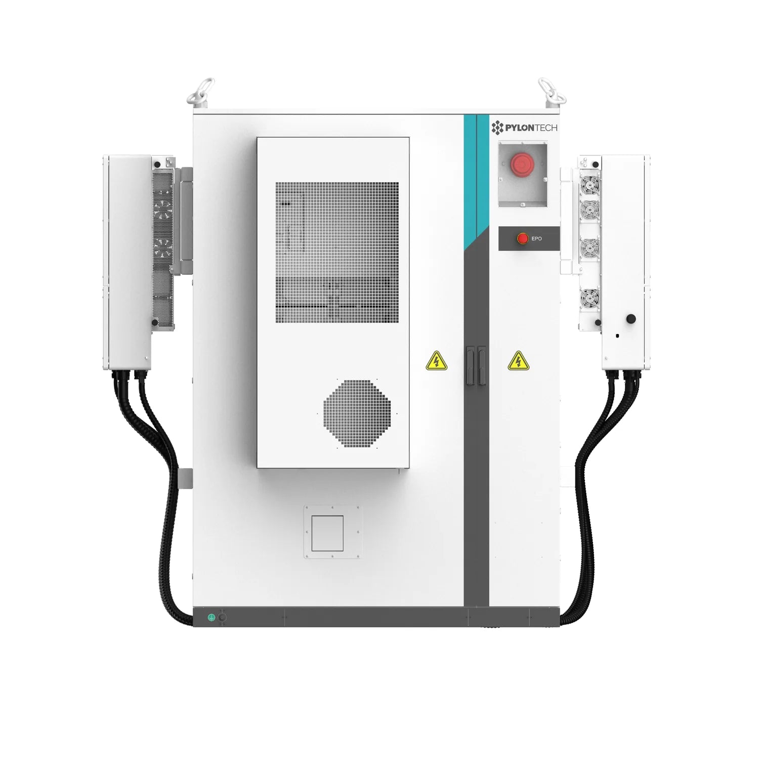 Front view of Pylontech commercial battery storage unit with cooling vents, red emergency button, and warning labels mounted 