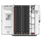 Top-down view of open Pylontech A300 battery cabinet showing dual columns of black battery modules with red frame connectors 