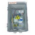 Voltacon AC Combiner Box interior showing circuit breakers, wiring, and electrical components behind clear plastic enclosure 