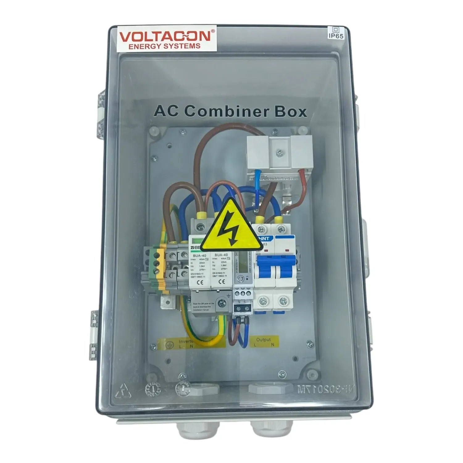 Voltacon AC Combiner Box interior showing circuit breakers, wiring, and electrical components behind clear plastic enclosure 