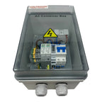 Voltacon AC Combiner Box with clear cover showing internal electrical components including circuit breakers and wiring, yello