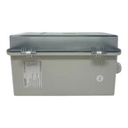 Gray AC combiner box with hinged dark lid and metal latches, showing product label and certification marking on front panel.