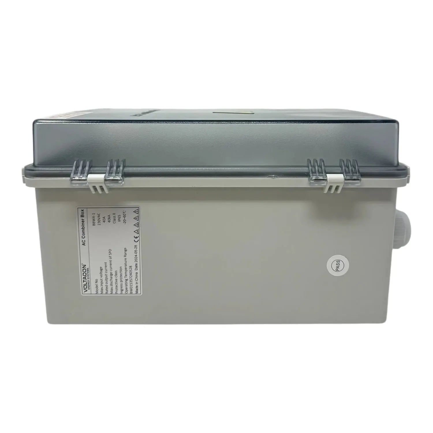 Gray AC combiner box with hinged dark lid and metal latches, showing product label and certification marking on front panel.