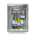 Voltacon AC Combiner Box with two circuit breakers, bus bars, and wiring connections inside transparent enclosure with hazard