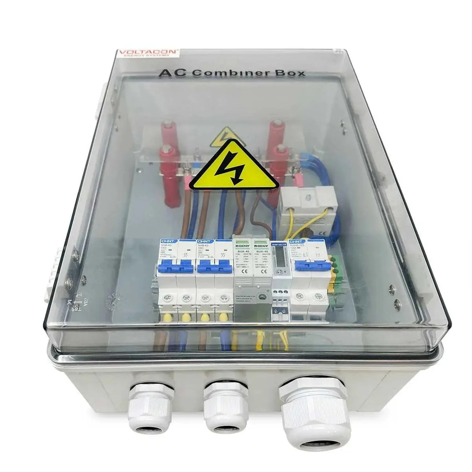 AC Combiner Box with clear polycular lid showing internal circuit breakers, wiring, and electrical components, three cable gl
