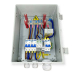 AC combiner box with two inverter inputs showing internal circuit breakers, wiring terminals, and safety warning label.