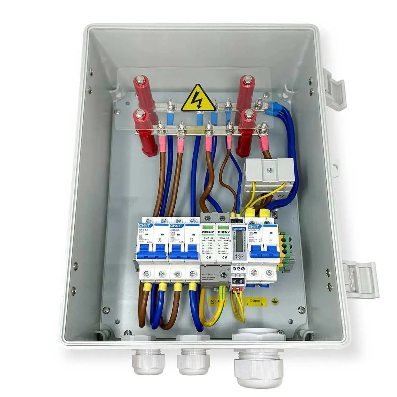 AC combiner box with two inverter inputs showing internal circuit breakers, wiring terminals, and safety warning label.