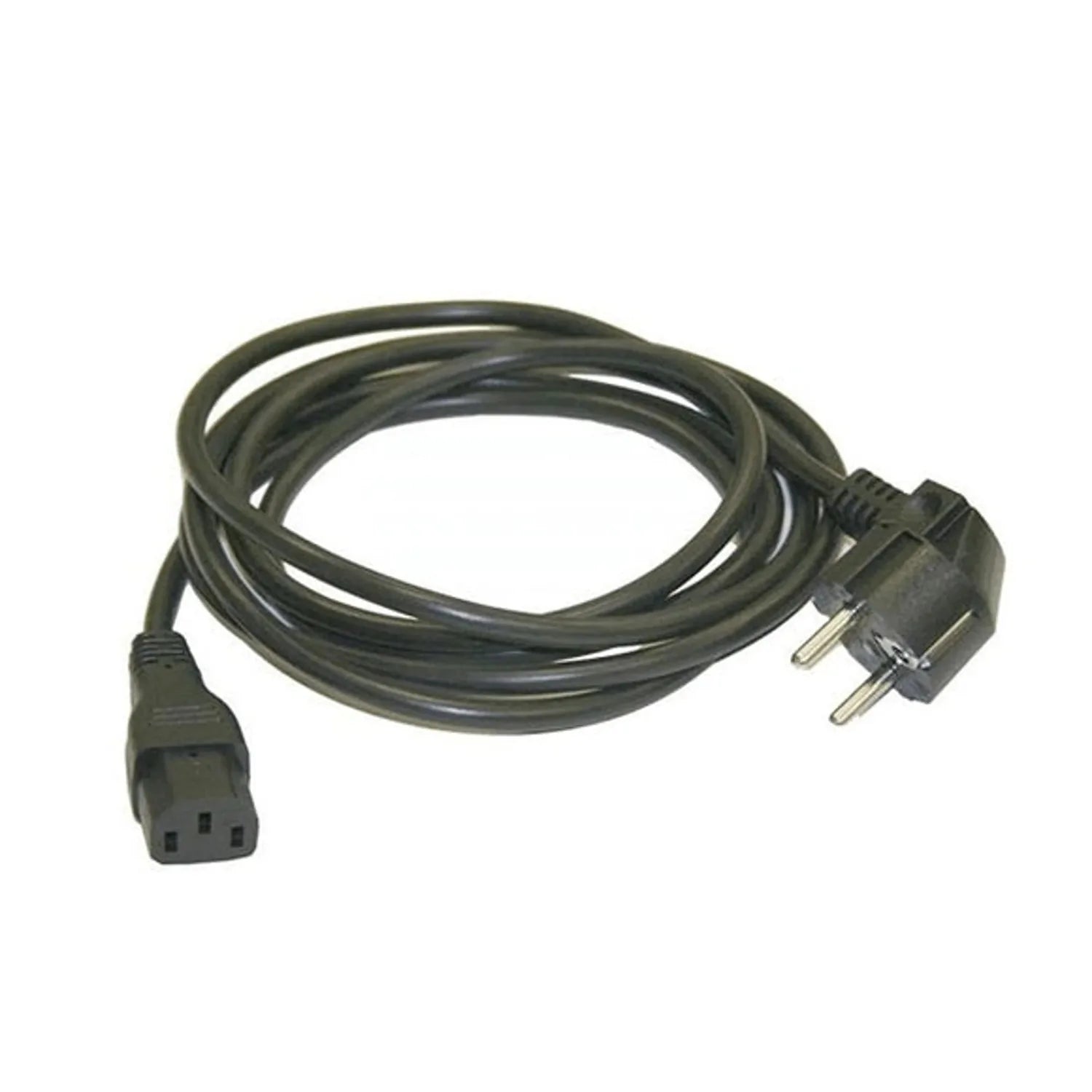 Black electrical power cord with European two-pin plug and IEC connector, approximately 2 meters long, coiled on white backgr