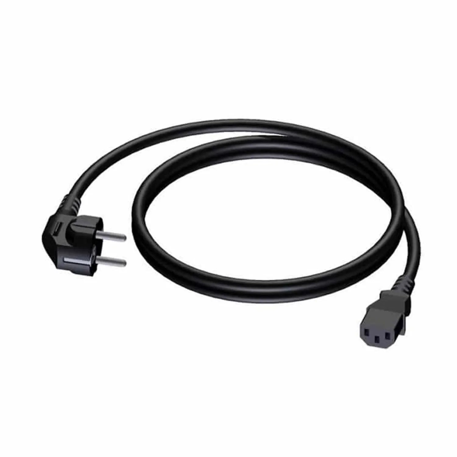 Black power cord with angled CEE 7/7 plug on left and IEC connector on right, coiled against white background.