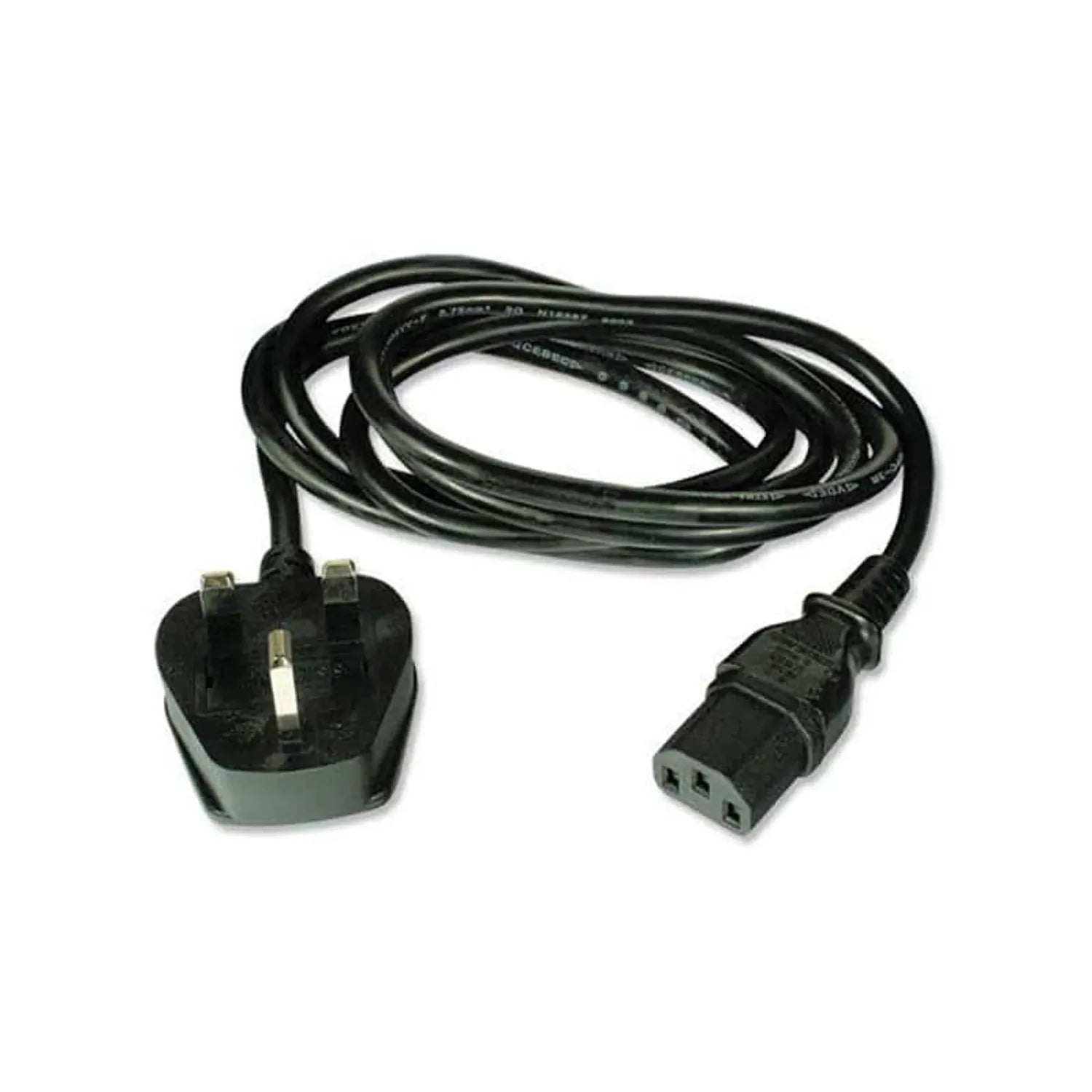 Black power cable with UK three-pin plug on left and IEC C13 connector on right, coiled against white background.