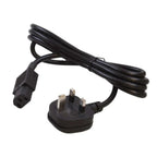 Black power cord with UK three-pin plug and IEC connector, coiled and displayed against white background.