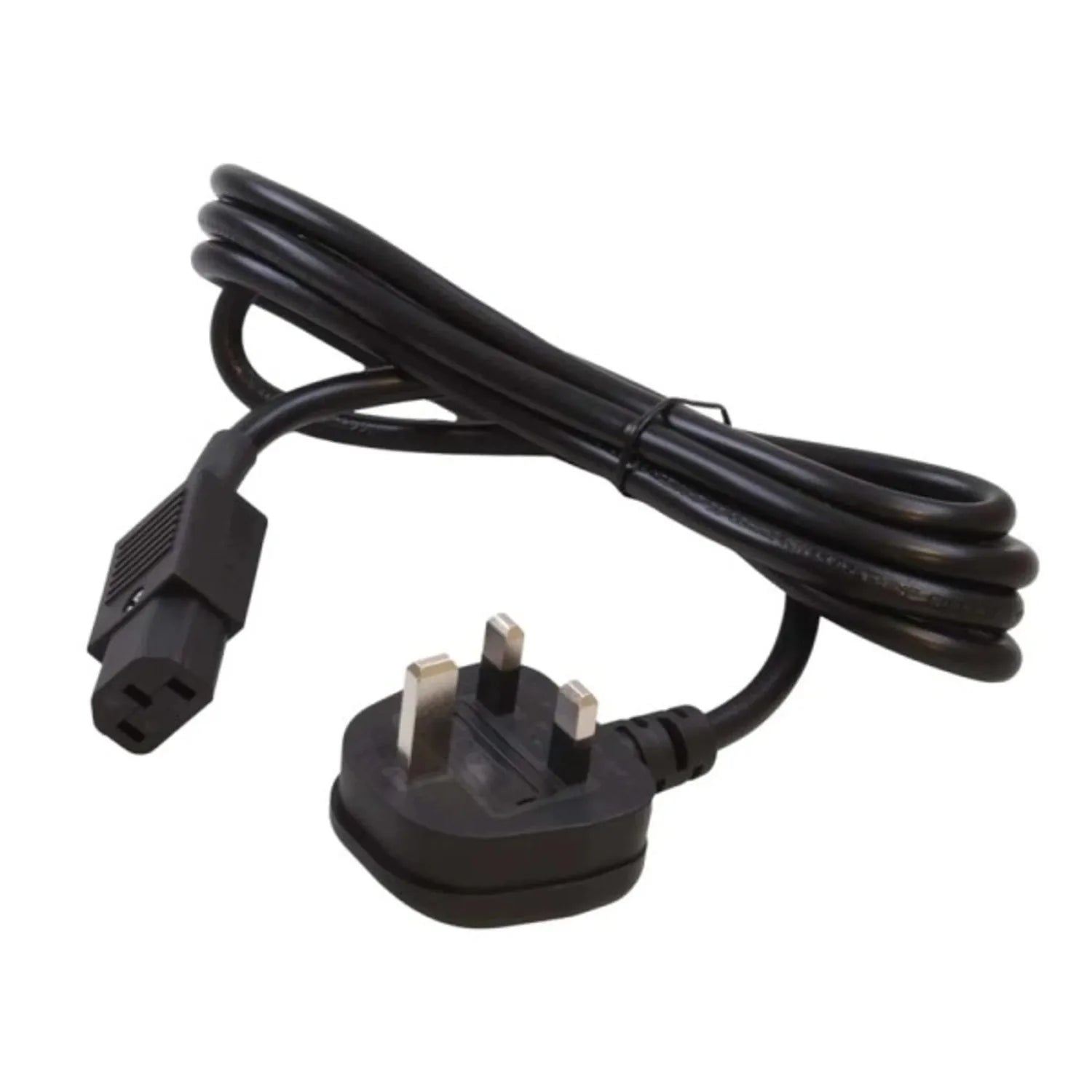 Black power cord with UK three-pin plug and IEC connector, coiled and displayed against white background.