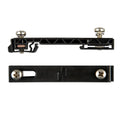 Two black DIN rail mounting adapters with metal screws and slots, shown from top and bottom views.