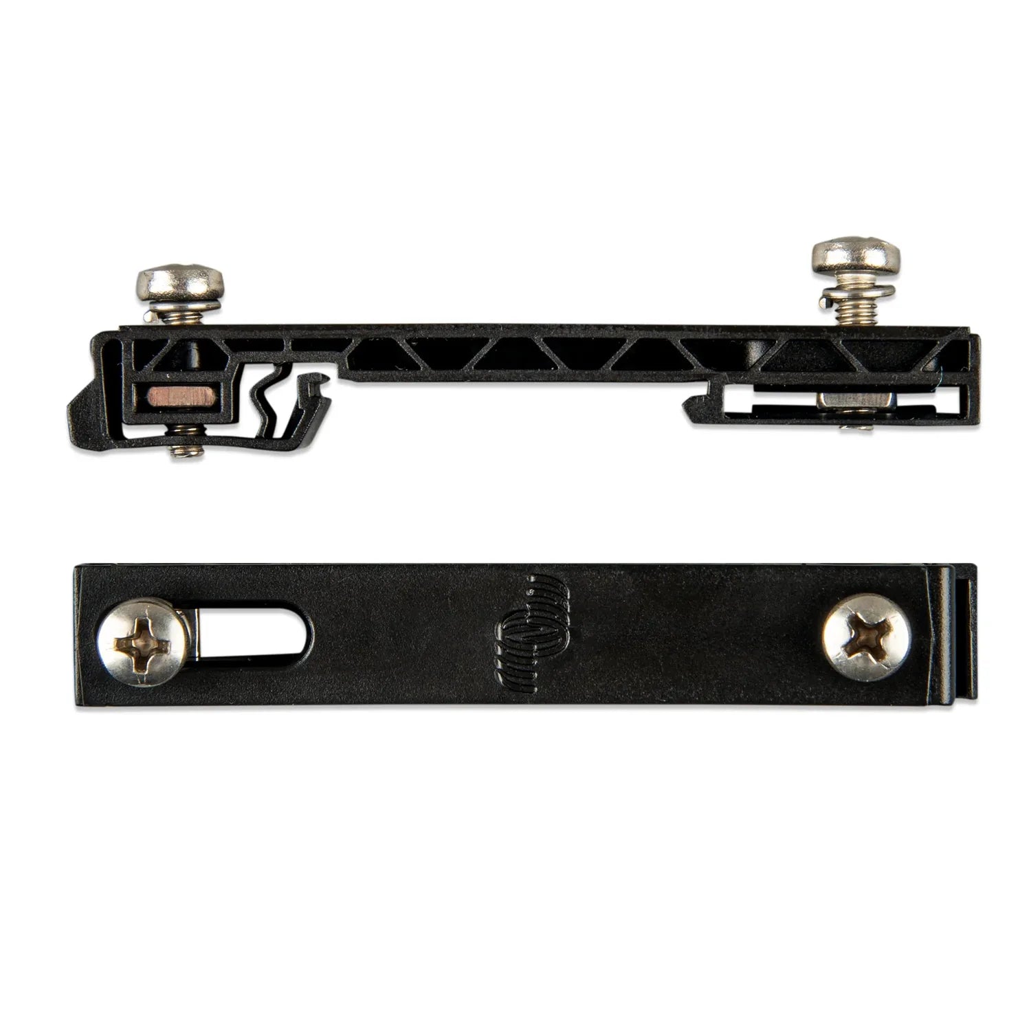 Two black DIN rail mounting adapters with metal screws and slots, shown from top and bottom views.