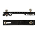 Victron DIN35 adapter showing top and bottom views with mounting brackets, adjustment mechanisms, and brass fasteners against