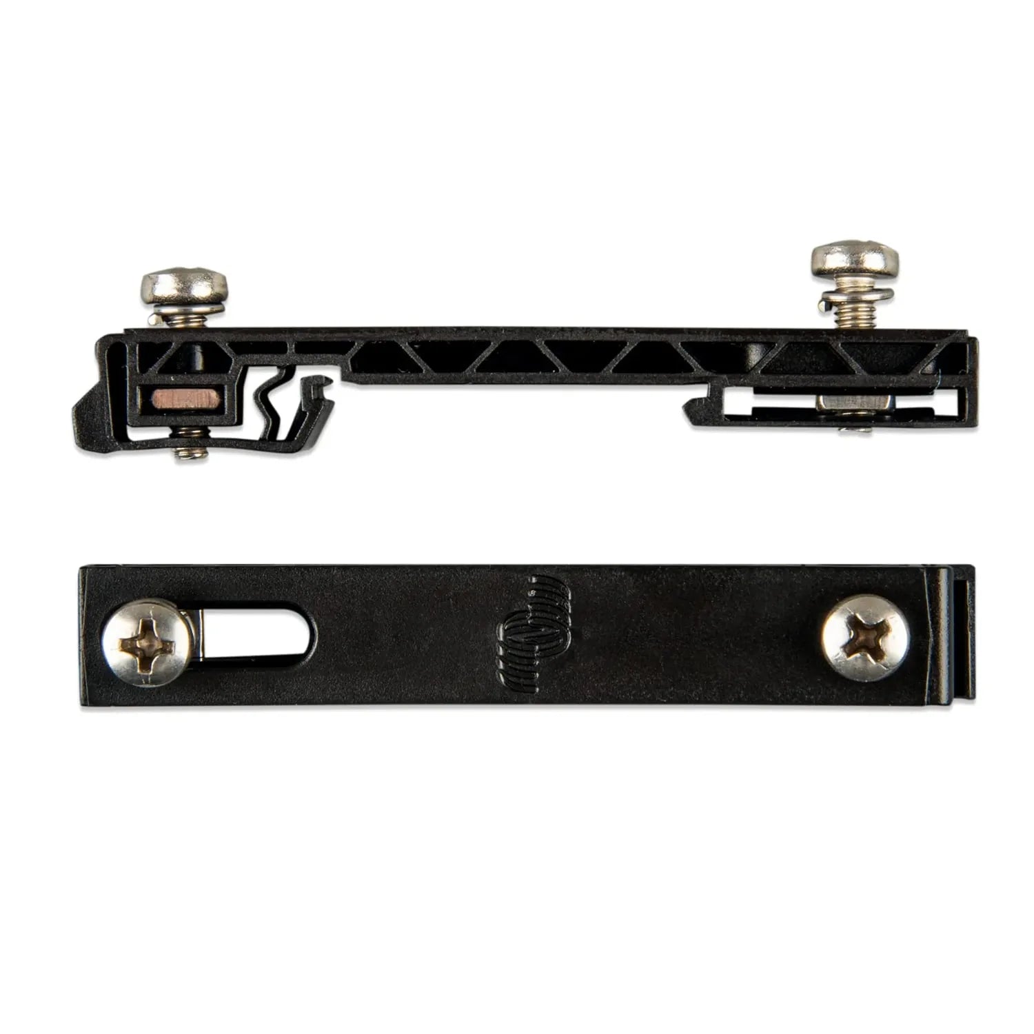 Victron DIN35 adapter showing top and bottom views with mounting brackets, adjustment mechanisms, and brass fasteners against