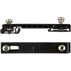 Two black metal DIN rail mounting adapters with brass screws and adjustment mechanisms, shown from top and bottom views.