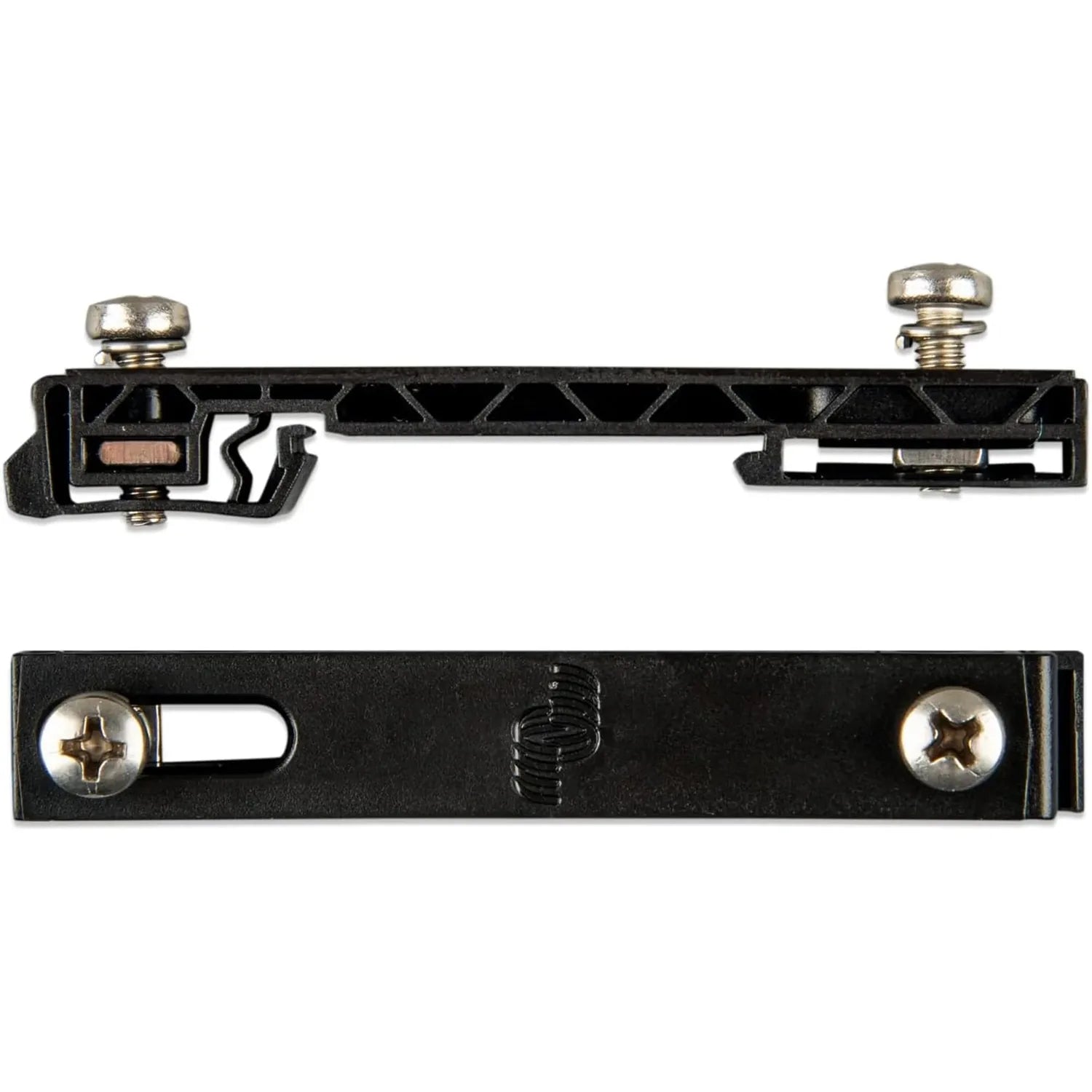 Two black metal DIN rail mounting adapters with brass screws and adjustment mechanisms, shown from top and bottom views.