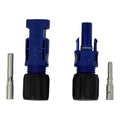 Amphenol solar connector pair showing blue male and female plugs with black rubber boots and metal pin contacts displayed aga