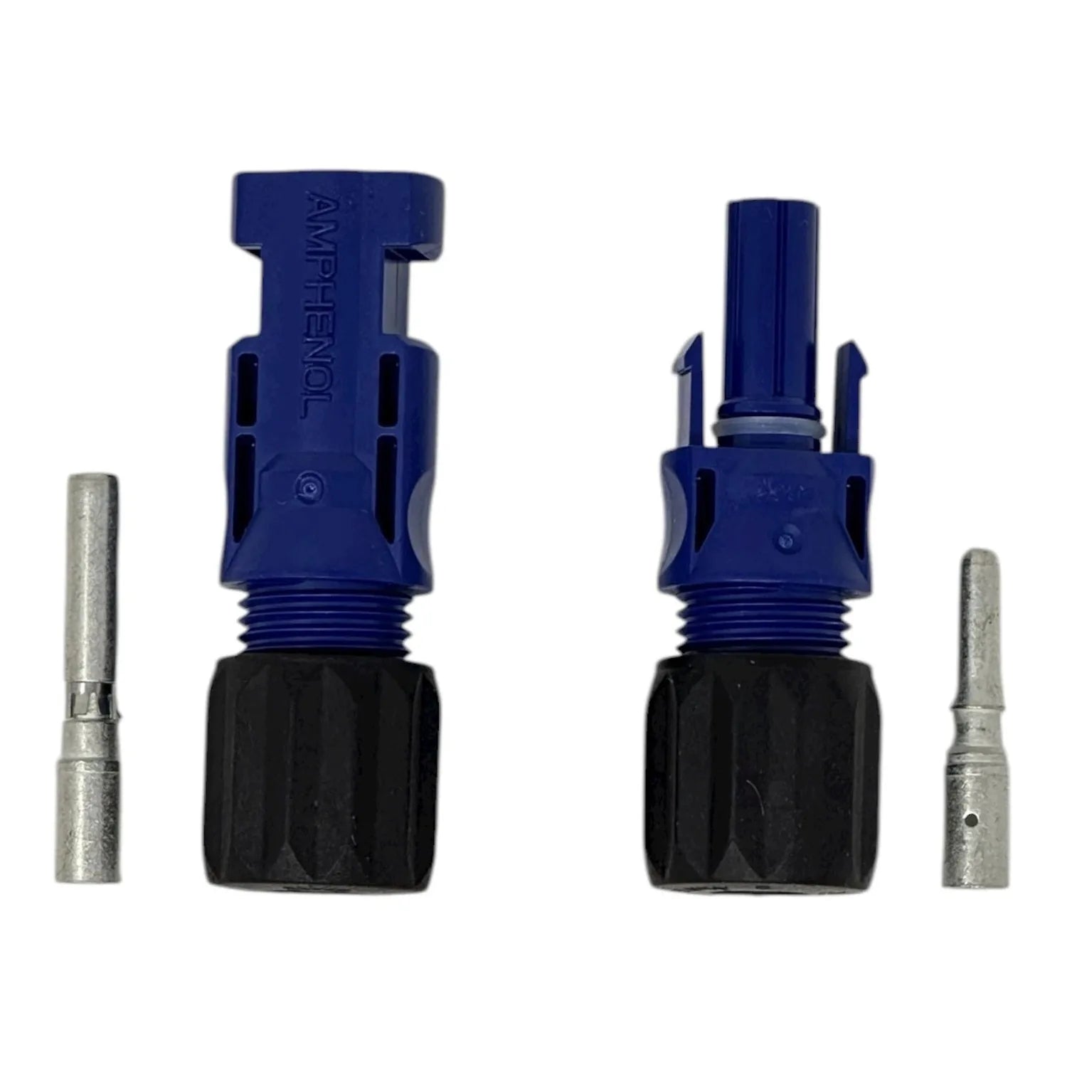 Amphenol solar connector pair showing blue male and female plugs with black rubber boots and metal pin contacts displayed aga