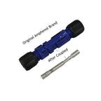 Amphenol solar connector pair showing original blue brand housing and after-coupling with exposed metal contact pin.