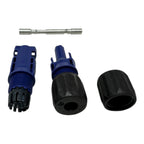 Amphenol 10mm² solar connector components displayed separately: metal pin assembly at top, blue male connector housing at lef