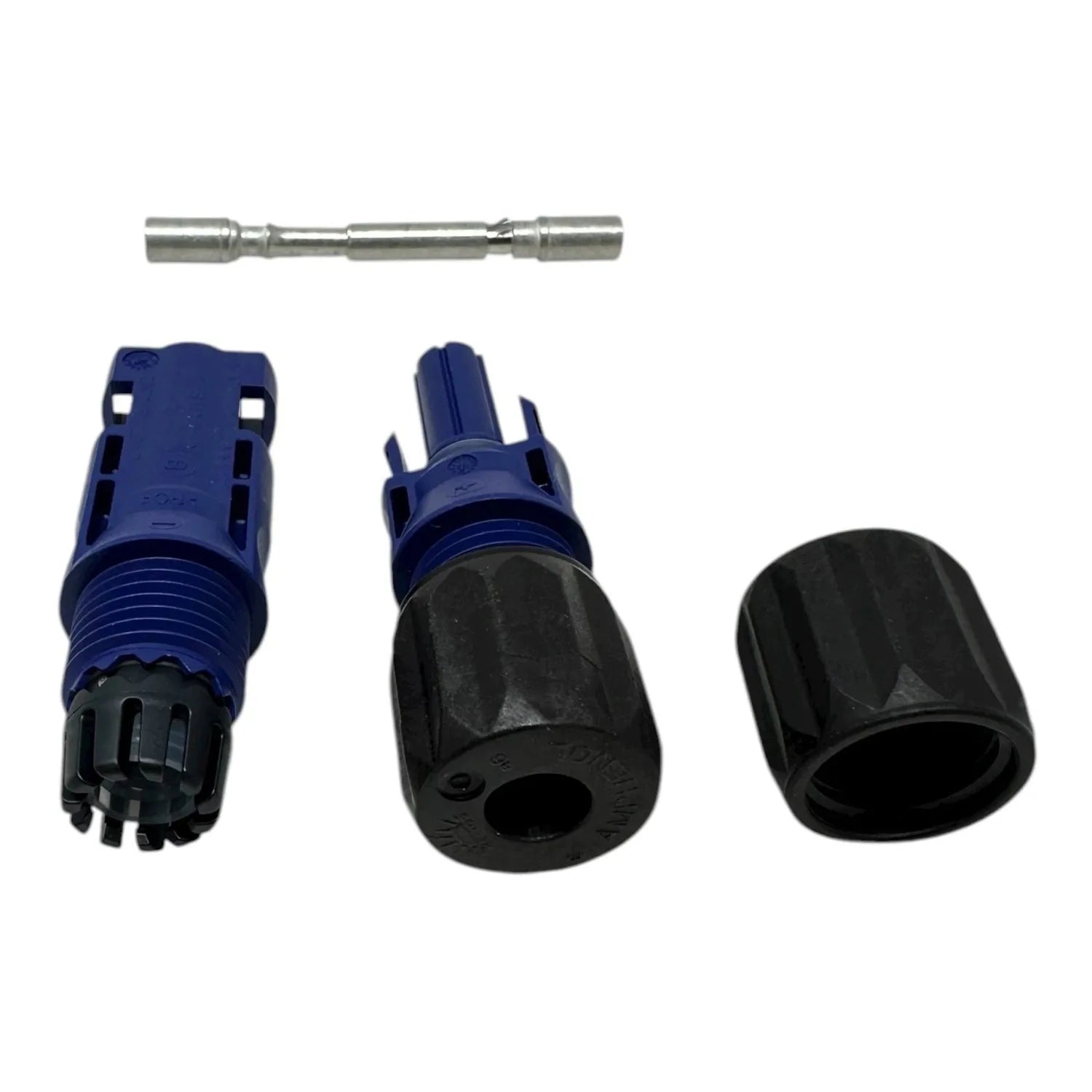 Amphenol 10mm² solar connector components displayed separately: metal pin assembly at top, blue male connector housing at lef