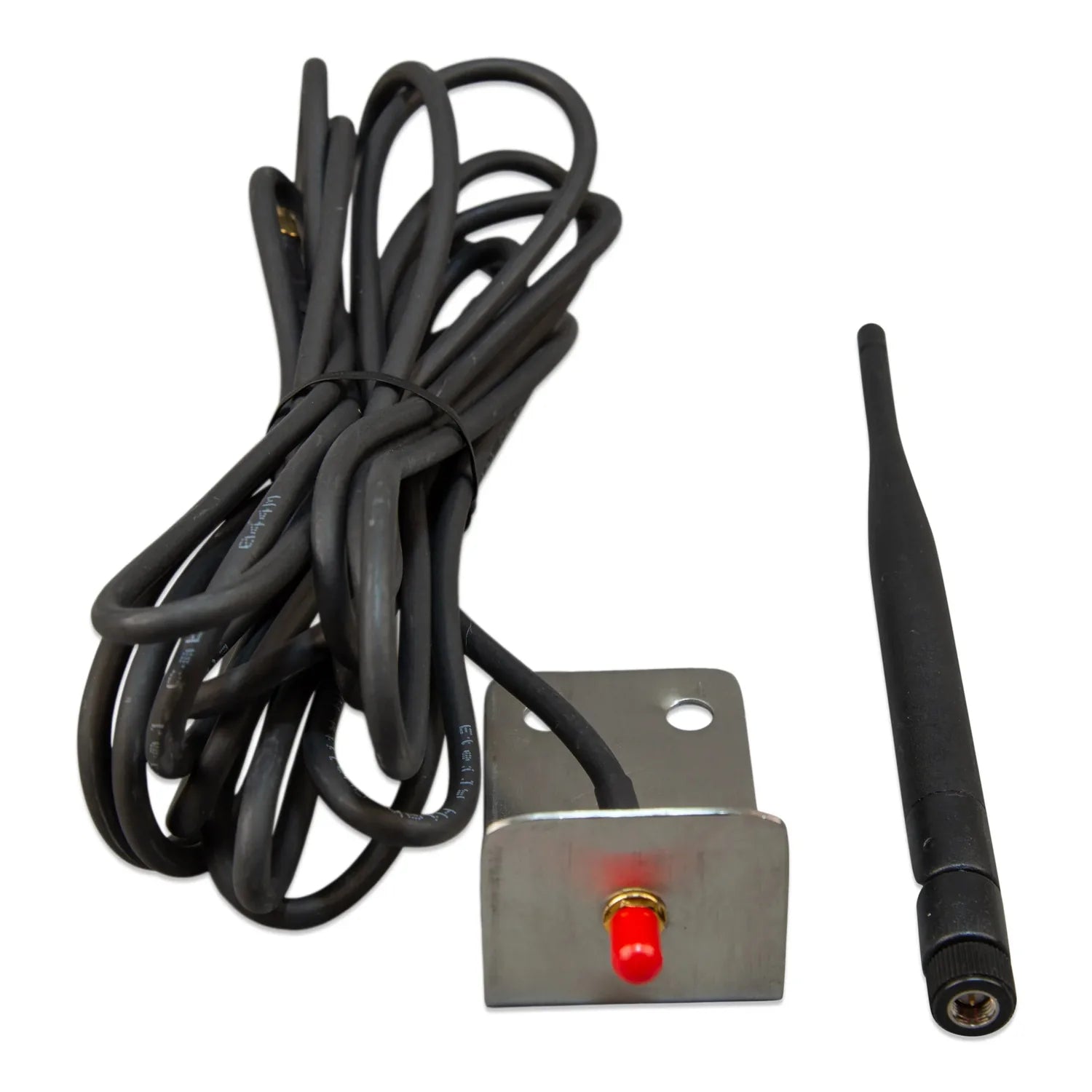 Victron outdoor LTE-M antenna kit with metal wall-mount bracket, red indicator light, black coaxial cable, and external anten