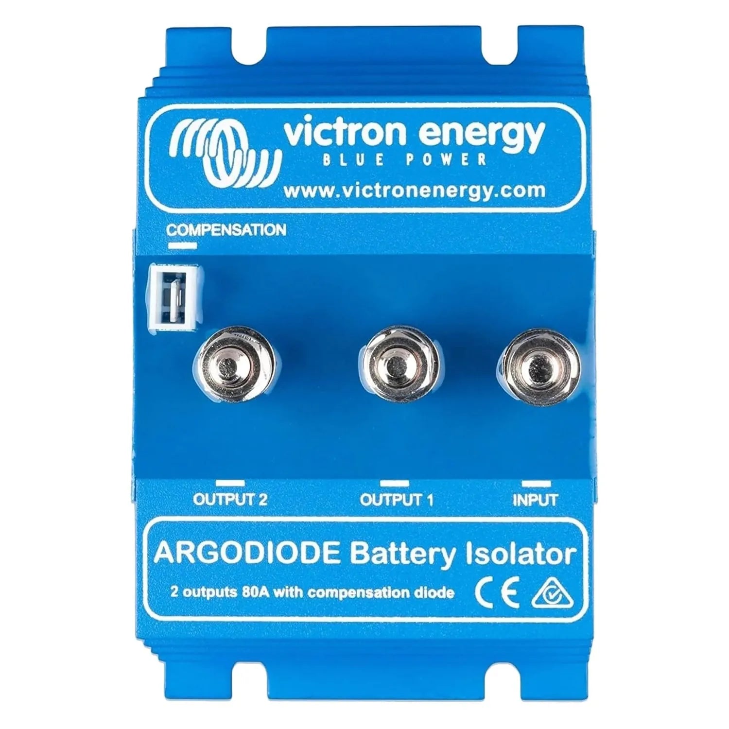 Victron Energy blue battery isolator with three silver terminals labeled Input, Output 1, and Output 2, featuring compensatio