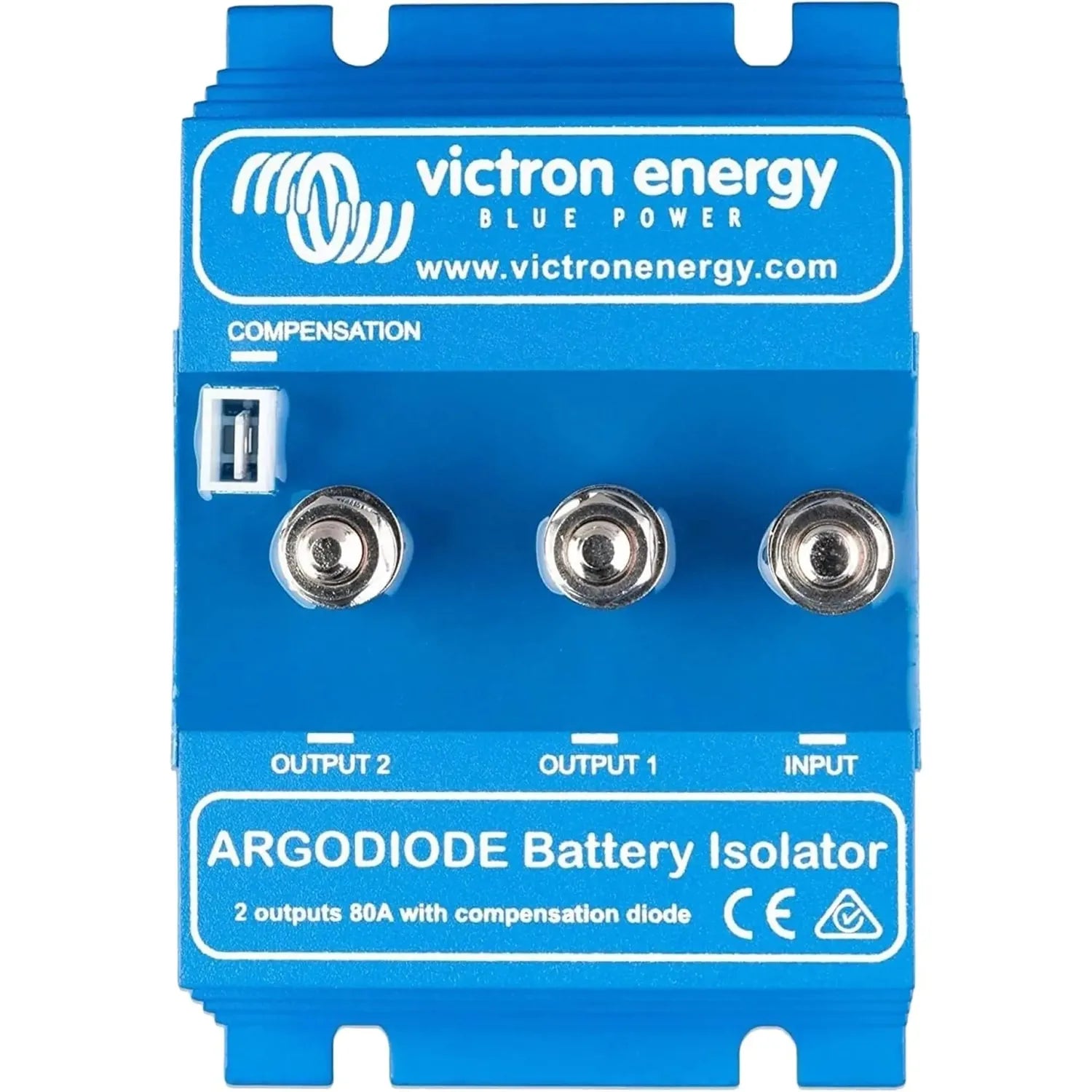 Victron Energy Argodiode Battery Isolator blue device with three circular terminals labeled Input, Output 1, and Output 2, fr