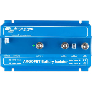 Victron Energy Argofet Battery Isolator, blue device with three battery terminals and one ground connection, front view produ