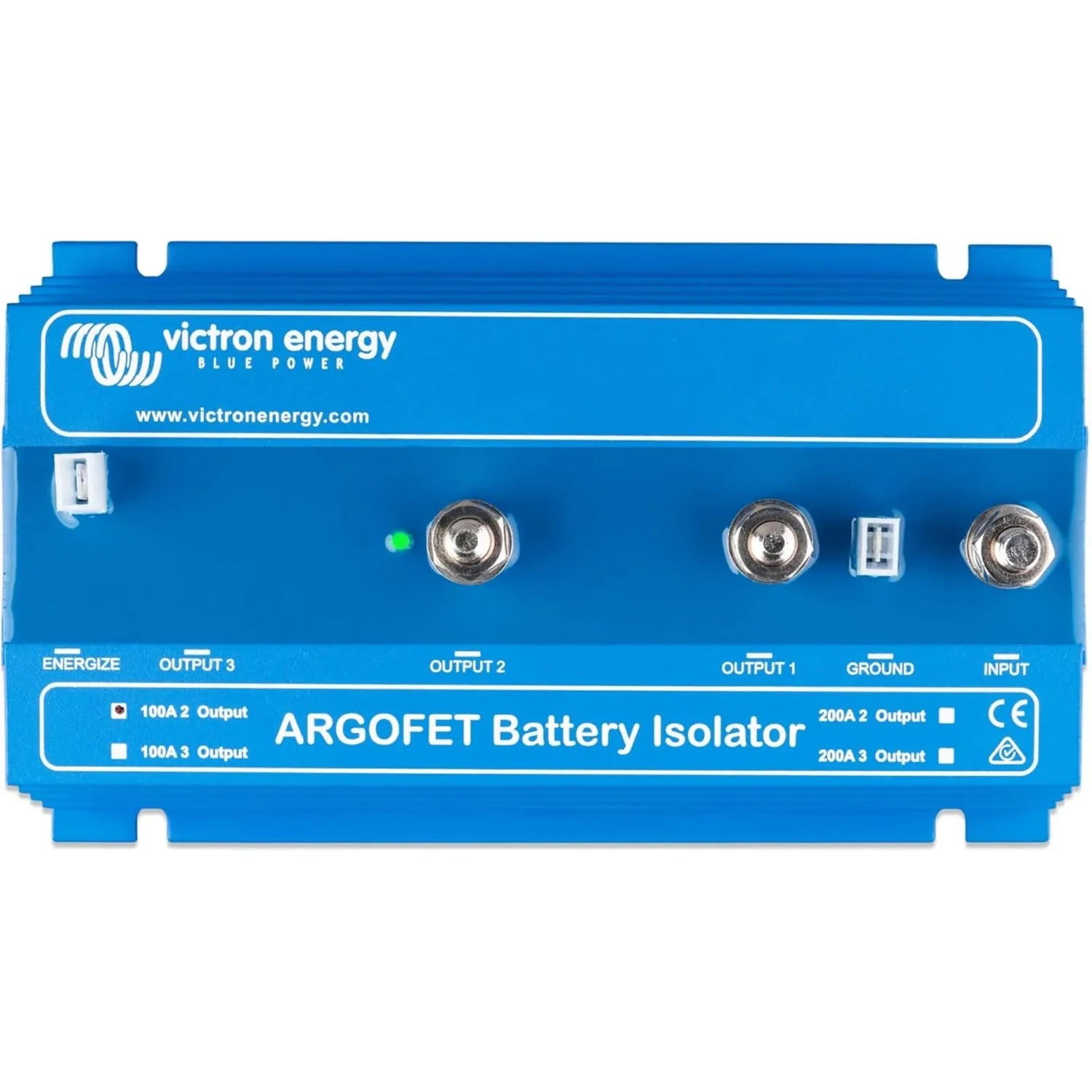 Victron Energy Argofet Battery Isolator, blue device with three battery terminals and one ground connection, front view produ