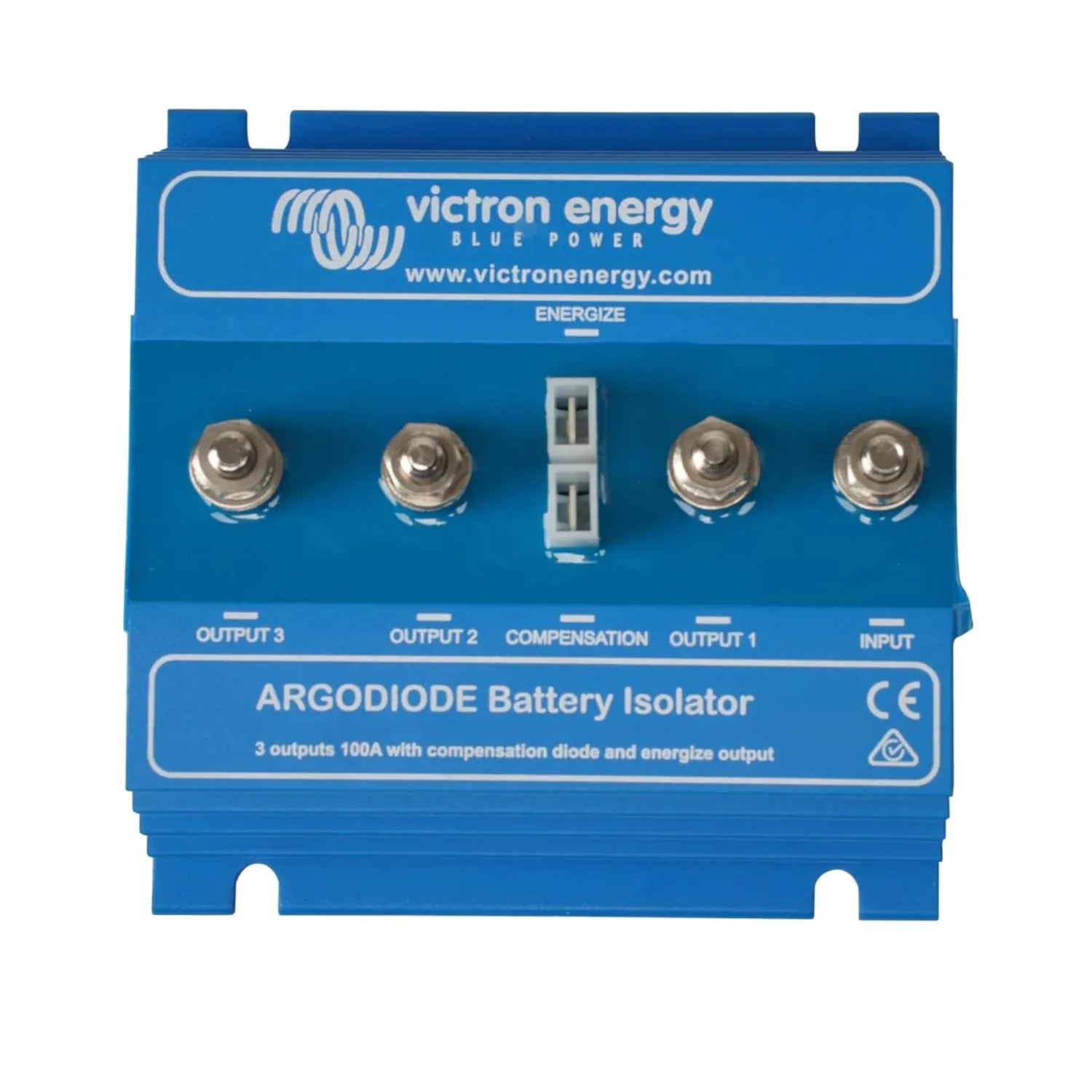 Victron Energy Argodiode Battery Isolator, blue device with four silver terminals and central compensation port, front view.