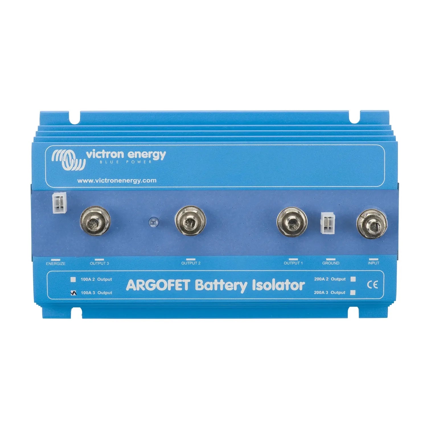 Victron Energy Argofet Battery Isolator with blue casing, four circular connection terminals, and labeled outputs for multipl