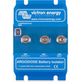 Victron Energy Argodiode Battery Isolator, blue device with three metal terminal posts labeled Input and Output 1 and 2.