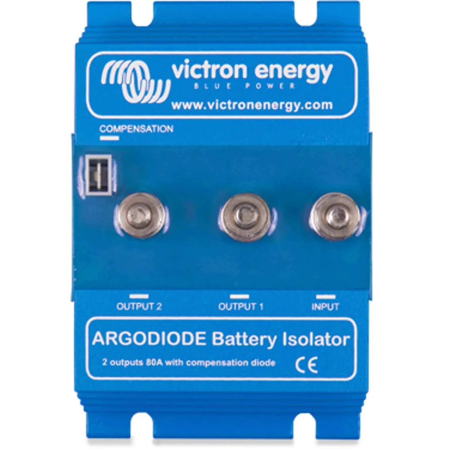 Victron Energy Argodiode Battery Isolator, blue device with three metal terminal posts labeled Input and Output 1 and 2.